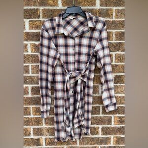 Entro Flannel Tie Waist Frayed Hem Button Up Long Sleeve Dress Sz L UNIQUE